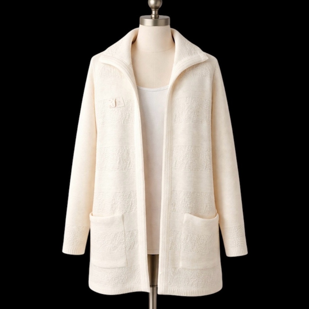 Vintage Amana Woolen Mills Ivory Open Front Cardigan Pockets Hand Knit S/M USA